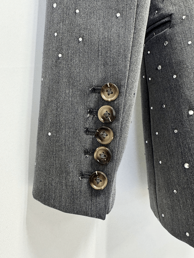 Women's Grey Sparkly Blazer Set - Rhinestone Embellished Suit with Wide Leg Pants for Evening Party - Styeenigma