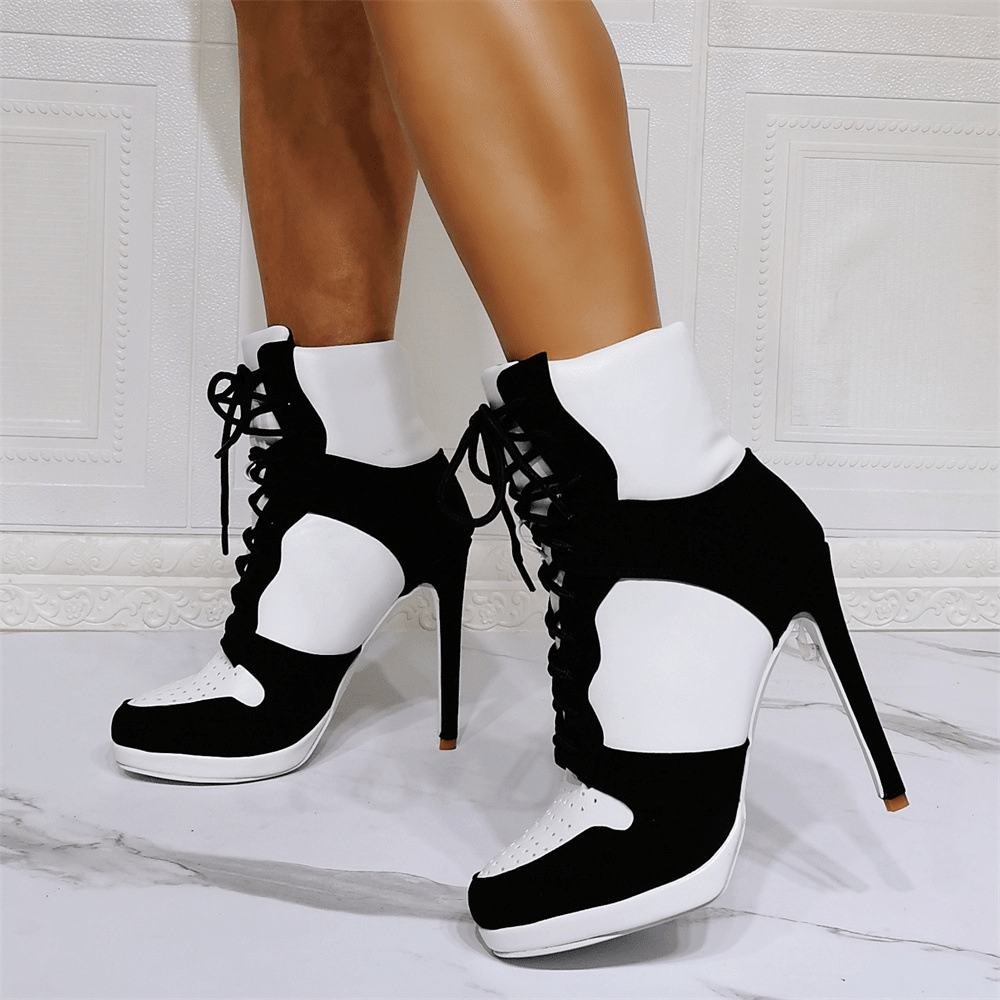Women's High Top Platform Heel Ankle Boots - Y2K Contrast Lace Up Sneaker Boots with Hidden Wedge - Styeenigma