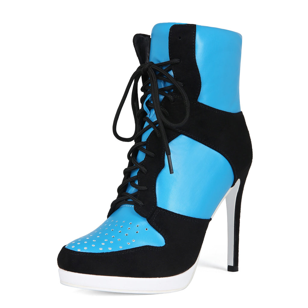 Women's High Top Platform Heel Ankle Boots - Y2K Contrast Lace Up Sneaker Boots with Hidden Wedge - Styeenigma
