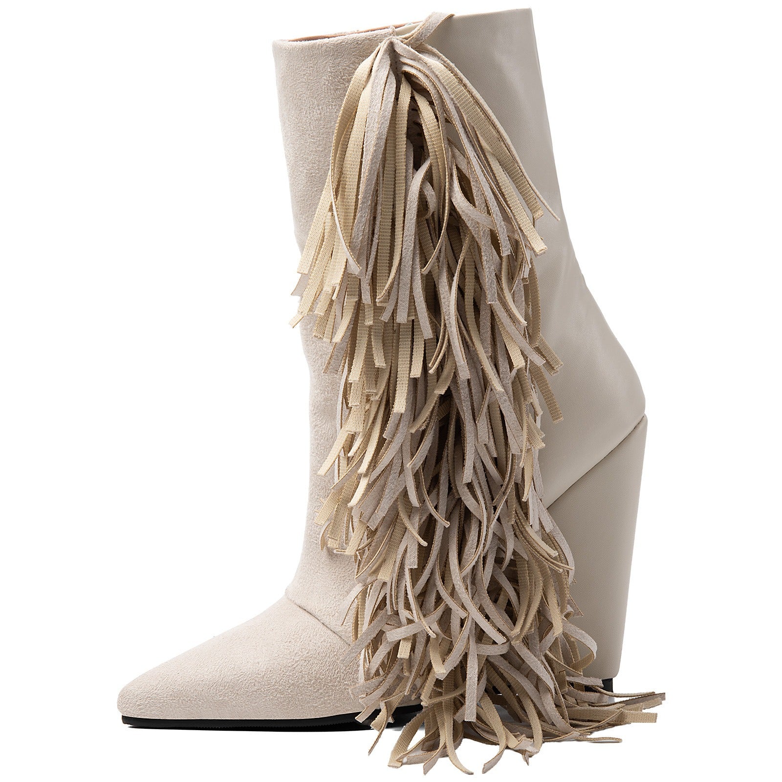Women's Ivory Suede Fringe Boots Pointed Toe Mid Calf Booties Western Style - Styeenigma