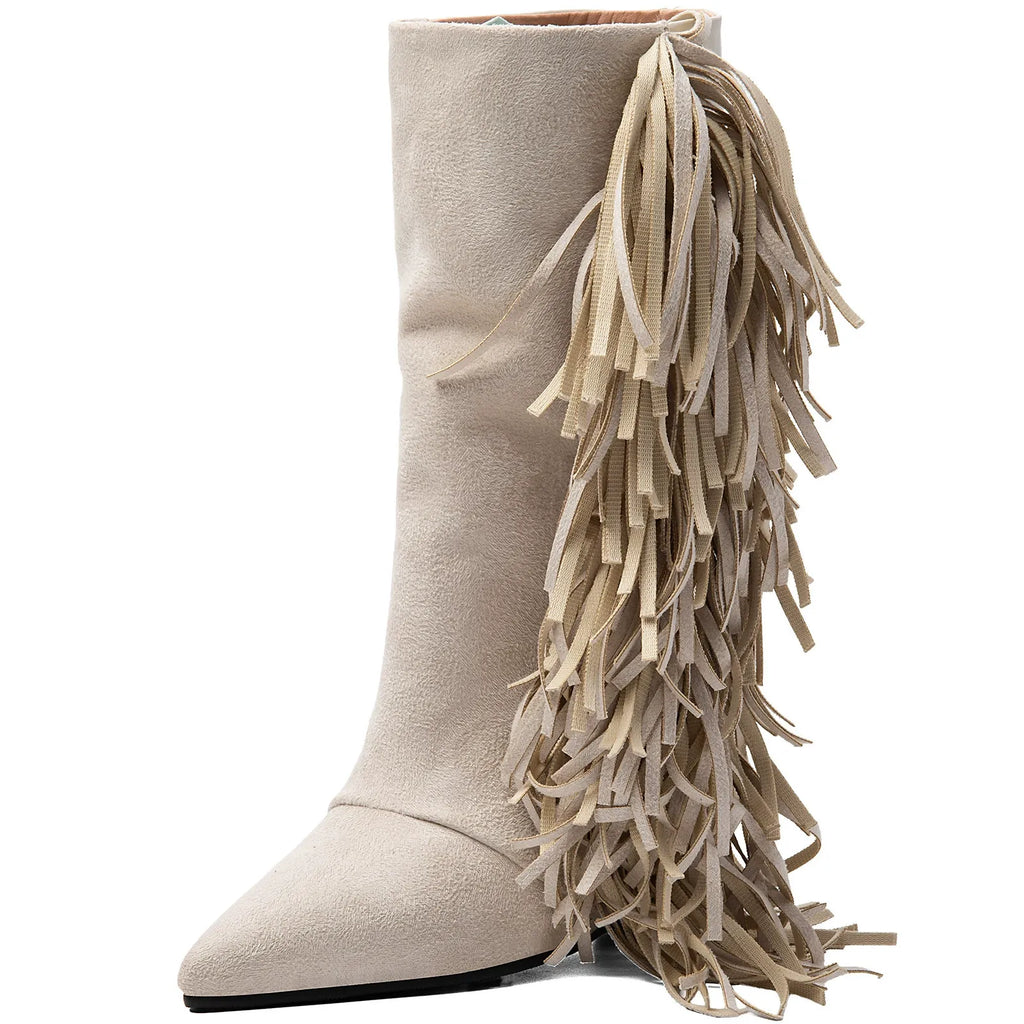 Women's Ivory Suede Fringe Boots Pointed Toe Mid Calf Booties Western Style - Styeenigma