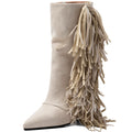 Women's Ivory Suede Fringe Boots Pointed Toe Mid Calf Booties Western Style - Styeenigma