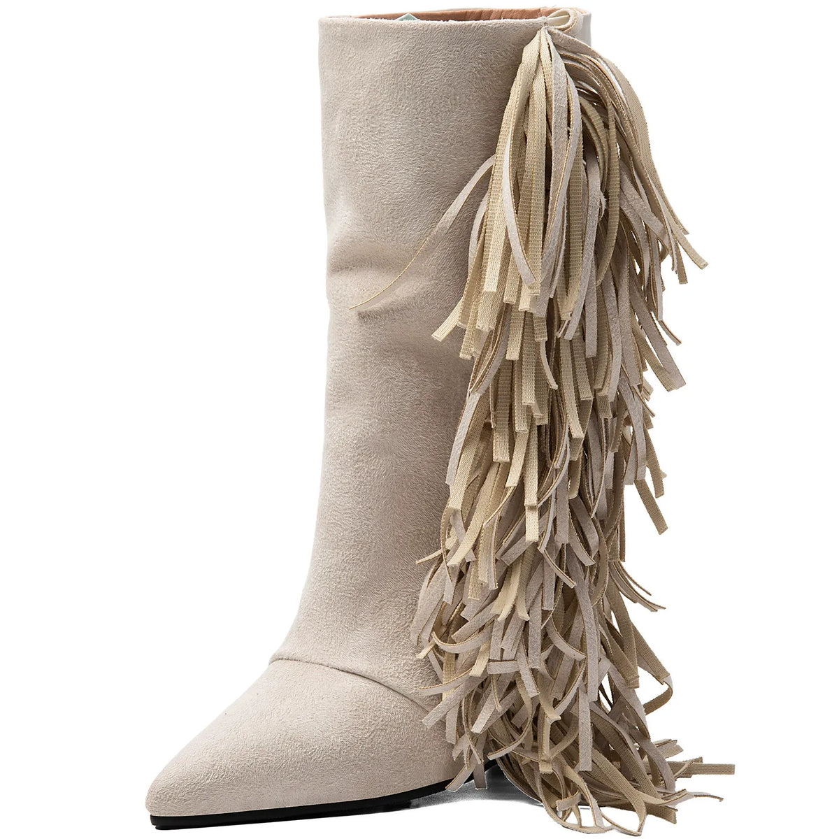 Women's Ivory Suede Fringe Boots Pointed Toe Mid Calf Booties Western Style - Styeenigma