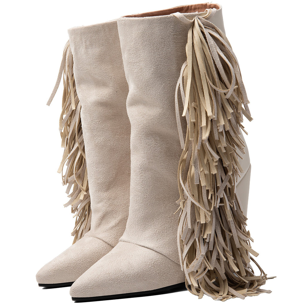 Women's Ivory Suede Fringe Boots Pointed Toe Mid Calf Booties Western Style - Styeenigma