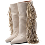 Women's Ivory Suede Fringe Boots Pointed Toe Mid Calf Booties Western Style - Styeenigma