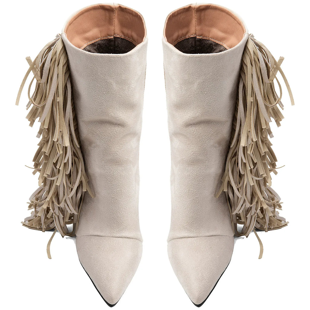 Women's Ivory Suede Fringe Boots Pointed Toe Mid Calf Booties Western Style - Styeenigma