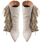 Women's Ivory Suede Fringe Boots Pointed Toe Mid Calf Booties Western Style - Styeenigma