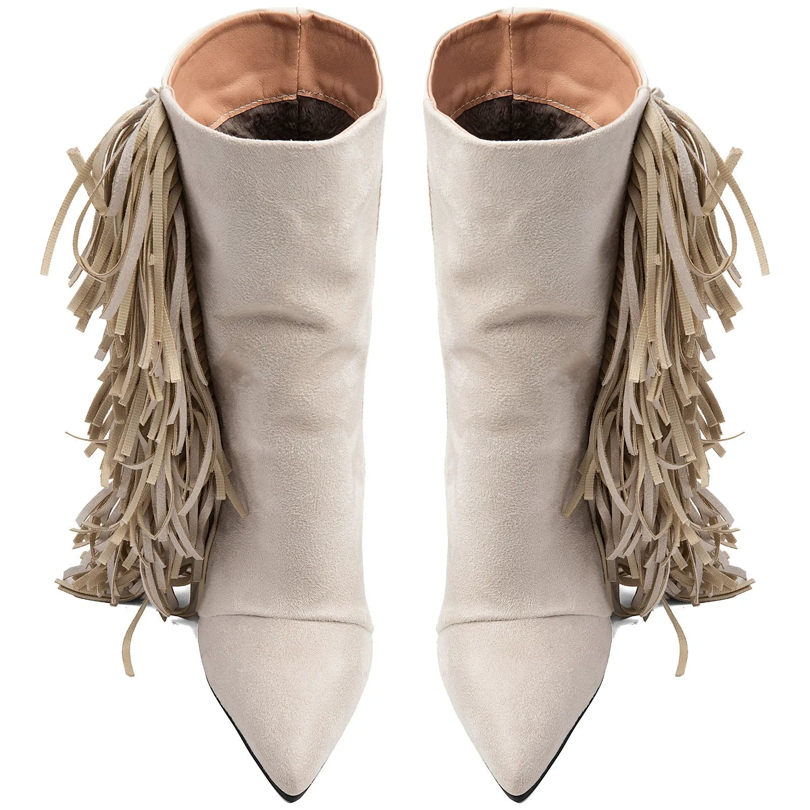 Women's Ivory Suede Fringe Boots Pointed Toe Mid Calf Booties Western Style - Styeenigma