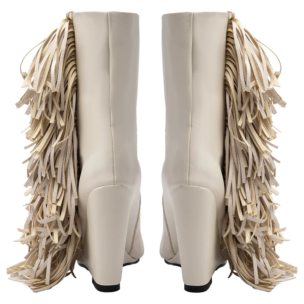 Women's Ivory Suede Fringe Boots Pointed Toe Mid Calf Booties Western Style - Styeenigma