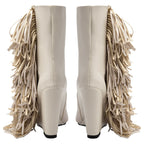 Women's Ivory Suede Fringe Boots Pointed Toe Mid Calf Booties Western Style - Styeenigma