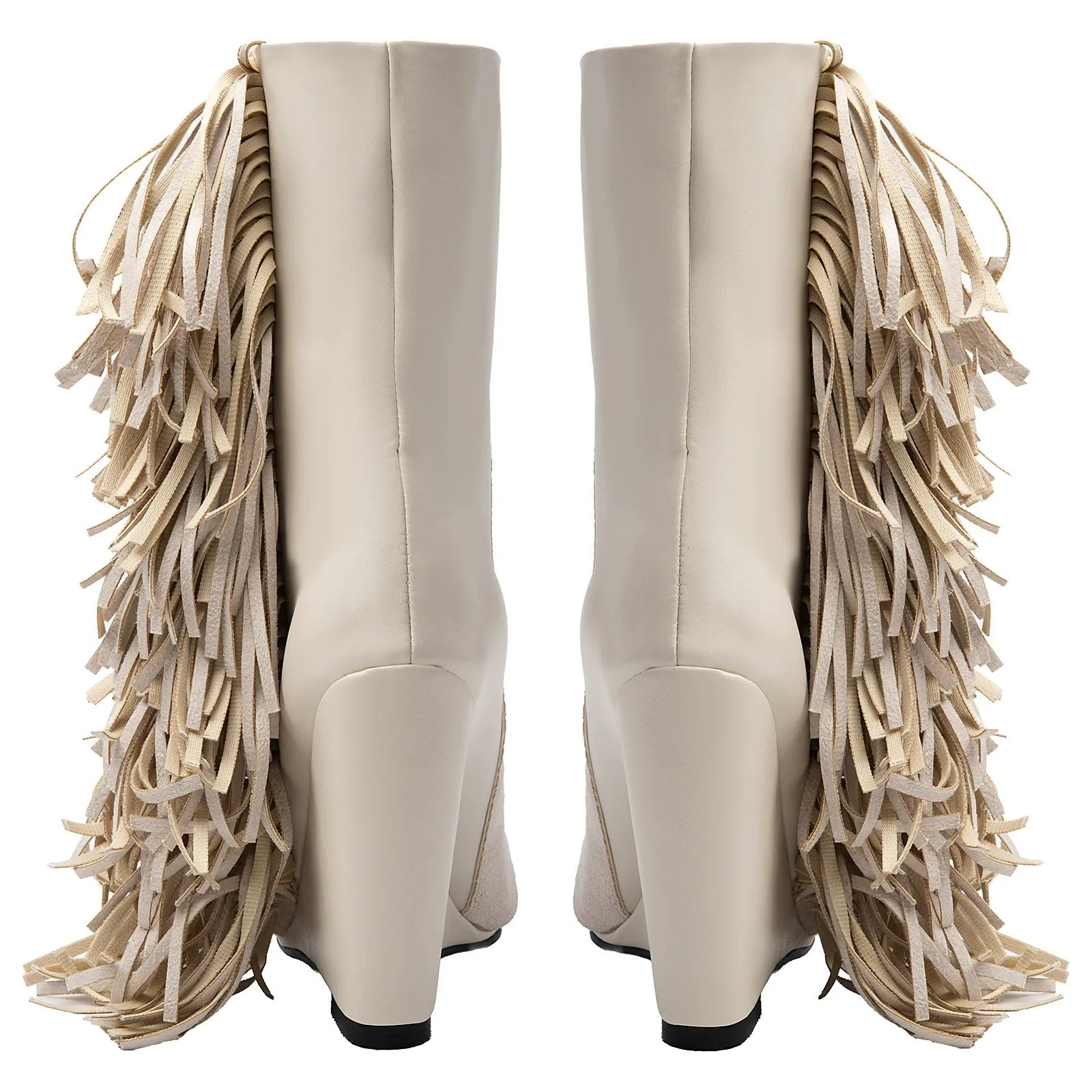 Women's Ivory Suede Fringe Boots Pointed Toe Mid Calf Booties Western Style - Styeenigma
