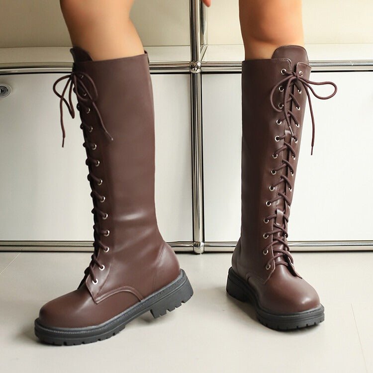 Women's Lace-Up Knee High Boots Faux Leather Chunky Sole Combat Boots - Styeenigma