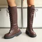 Women's Lace-Up Knee High Boots Faux Leather Chunky Sole Combat Boots - Styeenigma