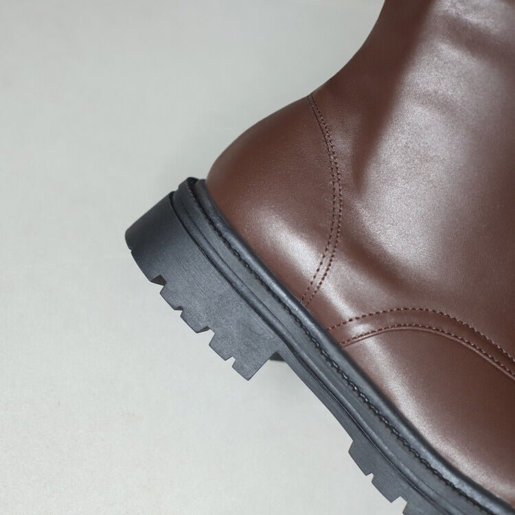Women's Lace-Up Knee High Boots Faux Leather Chunky Sole Combat Boots - Styeenigma