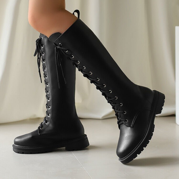 Women's Lace-Up Knee High Boots Faux Leather Chunky Sole Combat Boots - Styeenigma