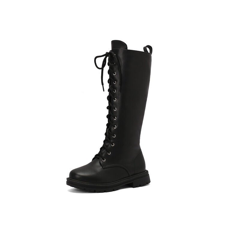 Women's Lace-Up Knee High Boots Faux Leather Chunky Sole Combat Boots - Styeenigma