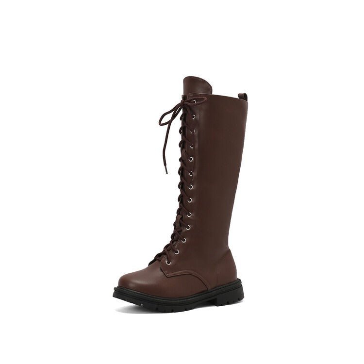 Women's Lace-Up Knee High Boots Faux Leather Chunky Sole Combat Boots - Styeenigma