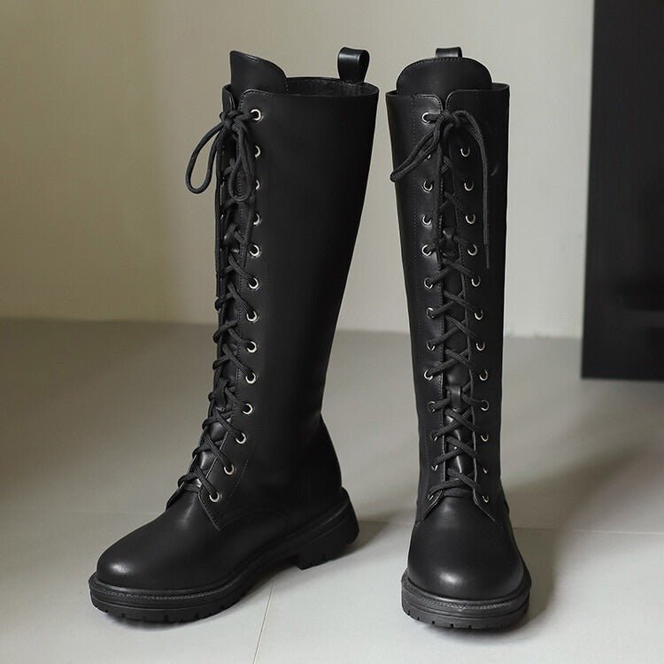 Women's Lace-Up Knee High Boots Faux Leather Chunky Sole Combat Boots - Styeenigma