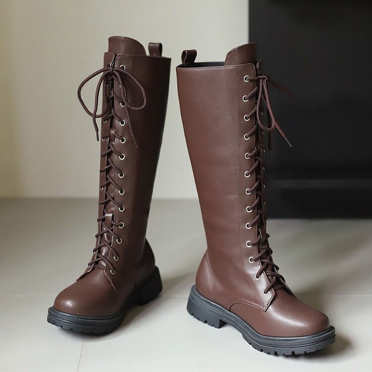 Women's Lace-Up Knee High Boots Faux Leather Chunky Sole Combat Boots - Styeenigma