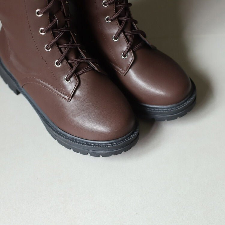 Women's Lace-Up Knee High Boots Faux Leather Chunky Sole Combat Boots - Styeenigma