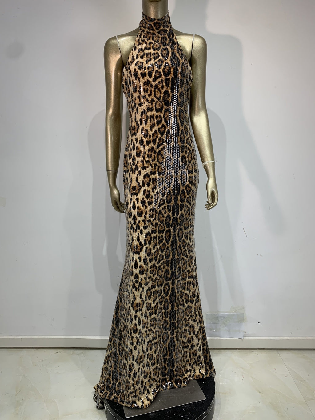 High Neck Sleeveless Leopard Print Maxi Dress | Sequin Embellished Evening Gown
