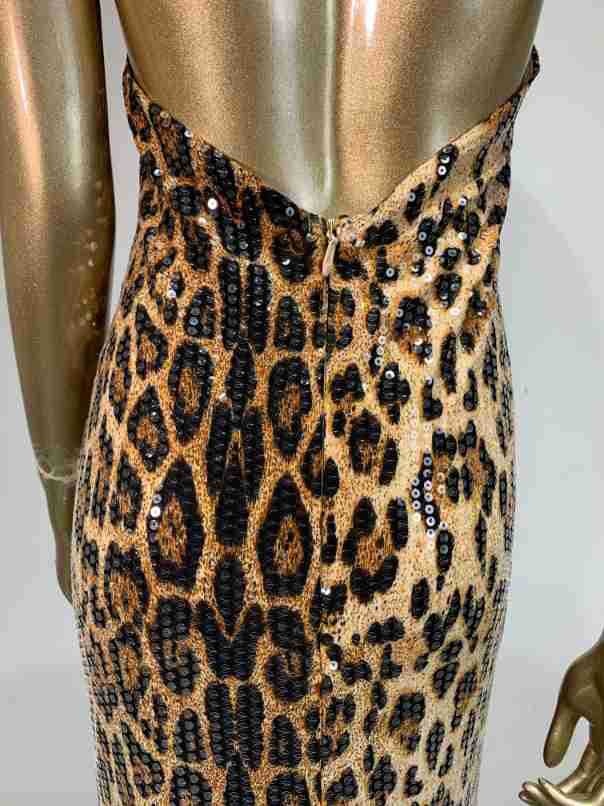High Neck Sleeveless Leopard Print Maxi Dress | Sequin Embellished Evening Gown