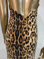 High Neck Sleeveless Leopard Print Maxi Dress | Sequin Embellished Evening Gown