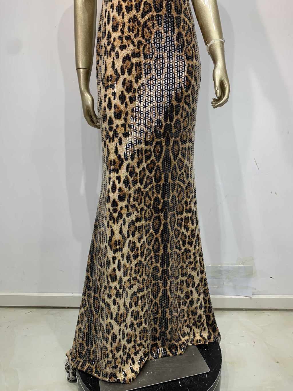 High Neck Sleeveless Leopard Print Maxi Dress | Sequin Embellished Evening Gown