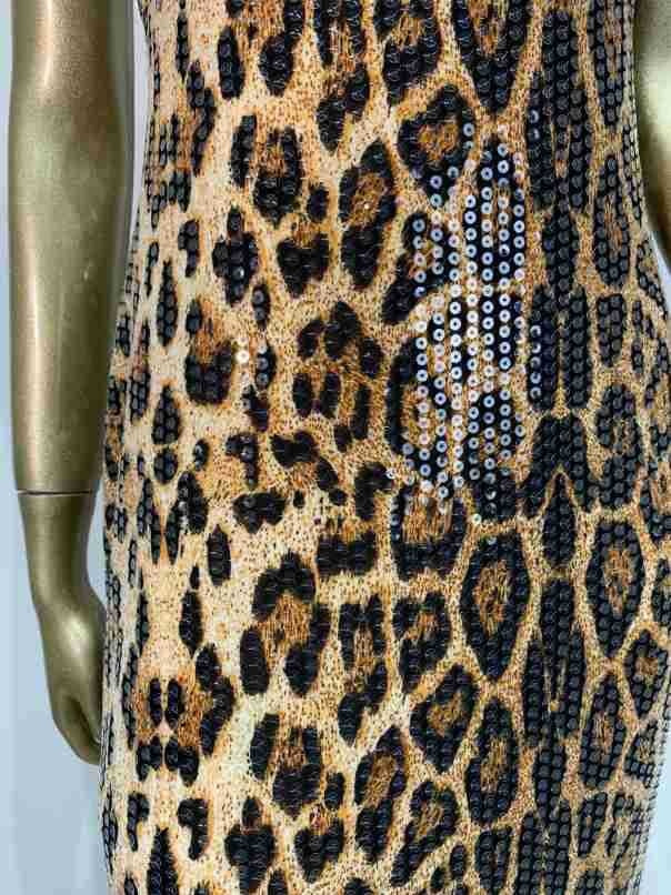 High Neck Sleeveless Leopard Print Maxi Dress | Sequin Embellished Evening Gown
