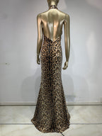 High Neck Sleeveless Leopard Print Maxi Dress | Sequin Embellished Evening Gown