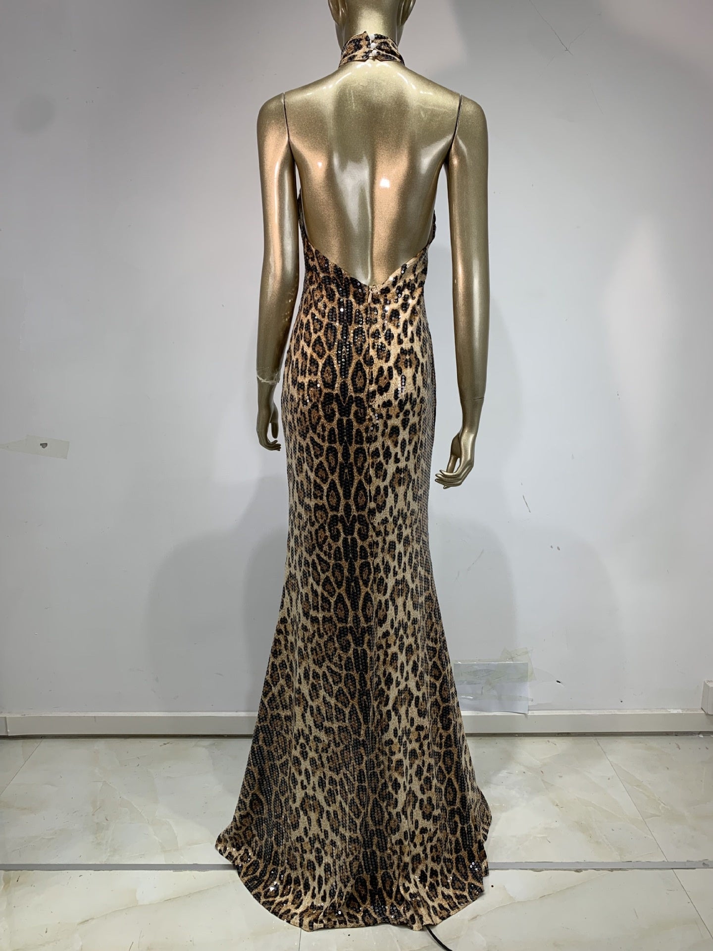 High Neck Sleeveless Leopard Print Maxi Dress | Sequin Embellished Evening Gown