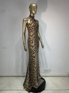 High Neck Sleeveless Leopard Print Maxi Dress | Sequin Embellished Evening Gown