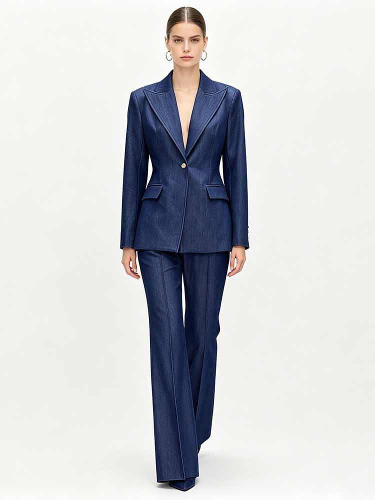 Women's Navy Blue Denim Blazer Set - Stretchy Stitched Formal Suit with Wide Leg Pants - Styeenigma