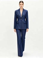 Women's Navy Blue Denim Blazer Set - Stretchy Stitched Formal Suit with Wide Leg Pants - Styeenigma