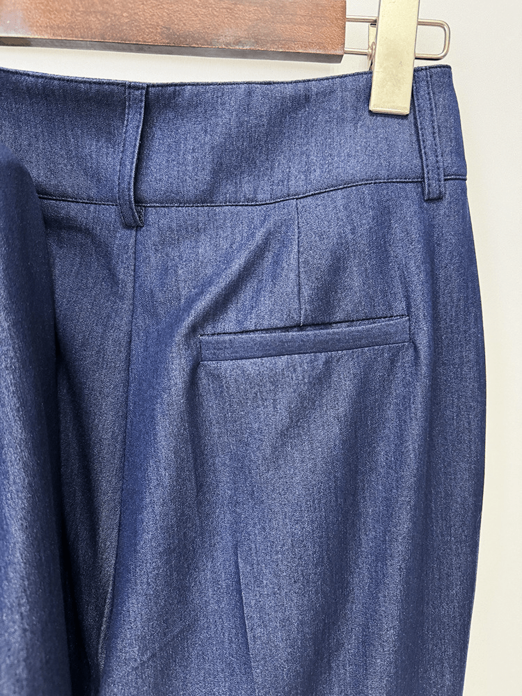 Women's Navy Blue Denim Blazer Set - Stretchy Stitched Formal Suit with Wide Leg Pants - Styeenigma