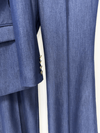 Women's Navy Blue Denim Blazer Set - Stretchy Stitched Formal Suit with Wide Leg Pants - Styeenigma