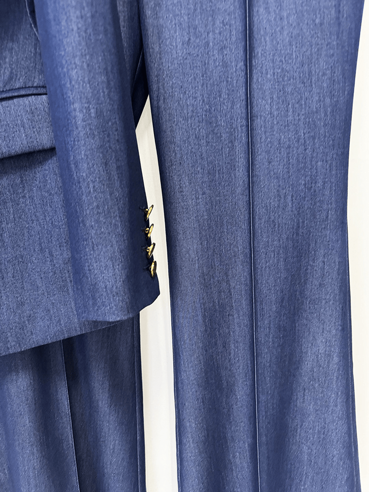 Women's Navy Blue Denim Blazer Set - Stretchy Stitched Formal Suit with Wide Leg Pants - Styeenigma