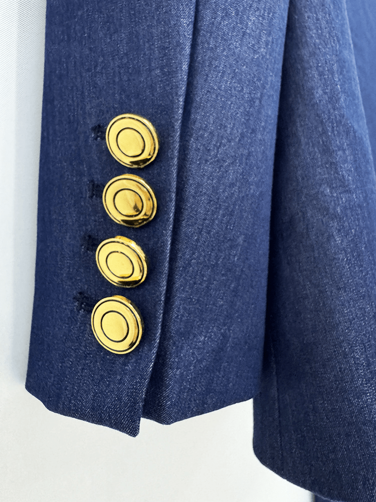 Women's Navy Blue Denim Blazer Set - Stretchy Stitched Formal Suit with Wide Leg Pants - Styeenigma
