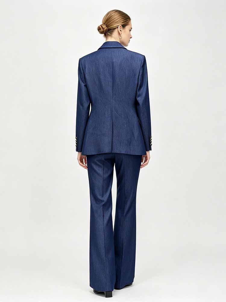 Women's Navy Blue Denim Blazer Set - Stretchy Stitched Formal Suit with Wide Leg Pants - Styeenigma