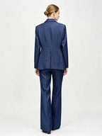 Women's Navy Blue Denim Blazer Set - Stretchy Stitched Formal Suit with Wide Leg Pants - Styeenigma