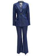 Women's Navy Blue Denim Blazer Set - Stretchy Stitched Formal Suit with Wide Leg Pants - Styeenigma