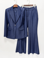 Women's Navy Blue Denim Blazer Set - Stretchy Stitched Formal Suit with Wide Leg Pants - Styeenigma
