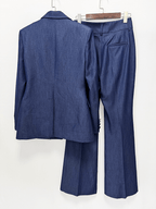 Women's Navy Blue Denim Blazer Set - Stretchy Stitched Formal Suit with Wide Leg Pants - Styeenigma
