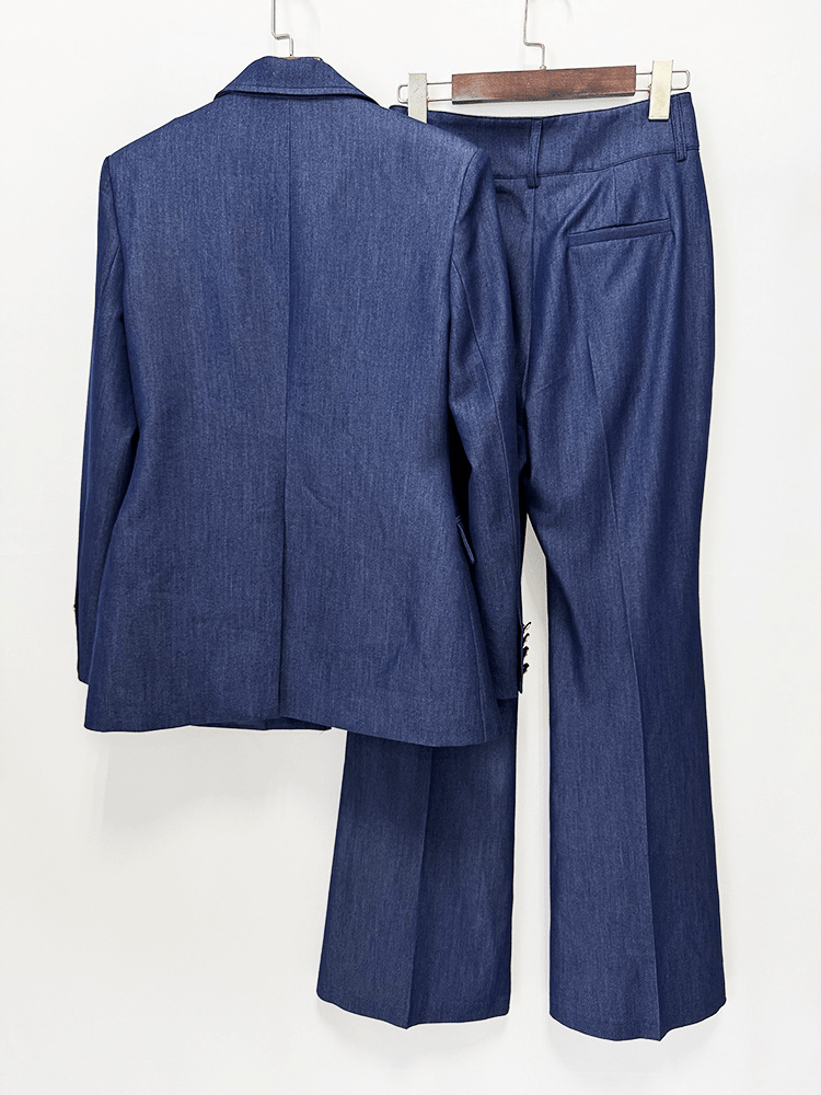 Women's Navy Blue Denim Blazer Set - Stretchy Stitched Formal Suit with Wide Leg Pants - Styeenigma