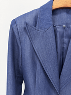 Women's Navy Blue Denim Blazer Set - Stretchy Stitched Formal Suit with Wide Leg Pants - Styeenigma