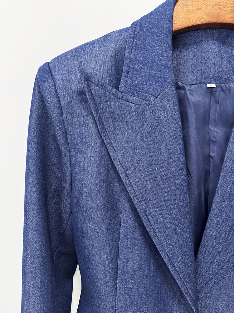 Women's Navy Blue Denim Blazer Set - Stretchy Stitched Formal Suit with Wide Leg Pants - Styeenigma