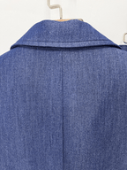 Women's Navy Blue Denim Blazer Set - Stretchy Stitched Formal Suit with Wide Leg Pants - Styeenigma