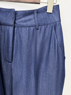 Women's Navy Blue Denim Blazer Set - Stretchy Stitched Formal Suit with Wide Leg Pants - Styeenigma
