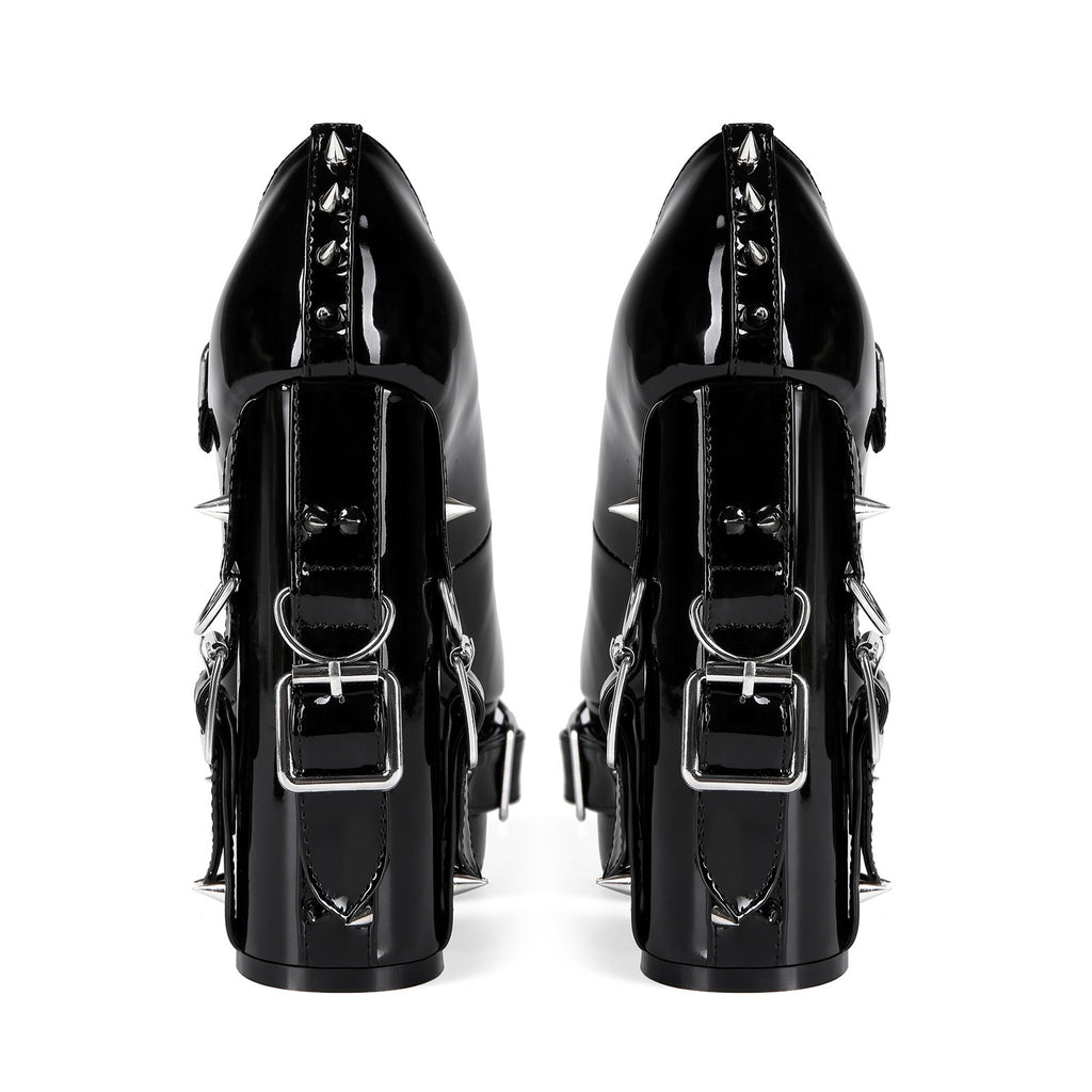 Women's Punk Platform Mary Jane Heels - Extreme High Chunky Block Heel Pumps with Spikes Buckle, Gothic Y2K Patent Leather Grunge Shoes - Styeenigma