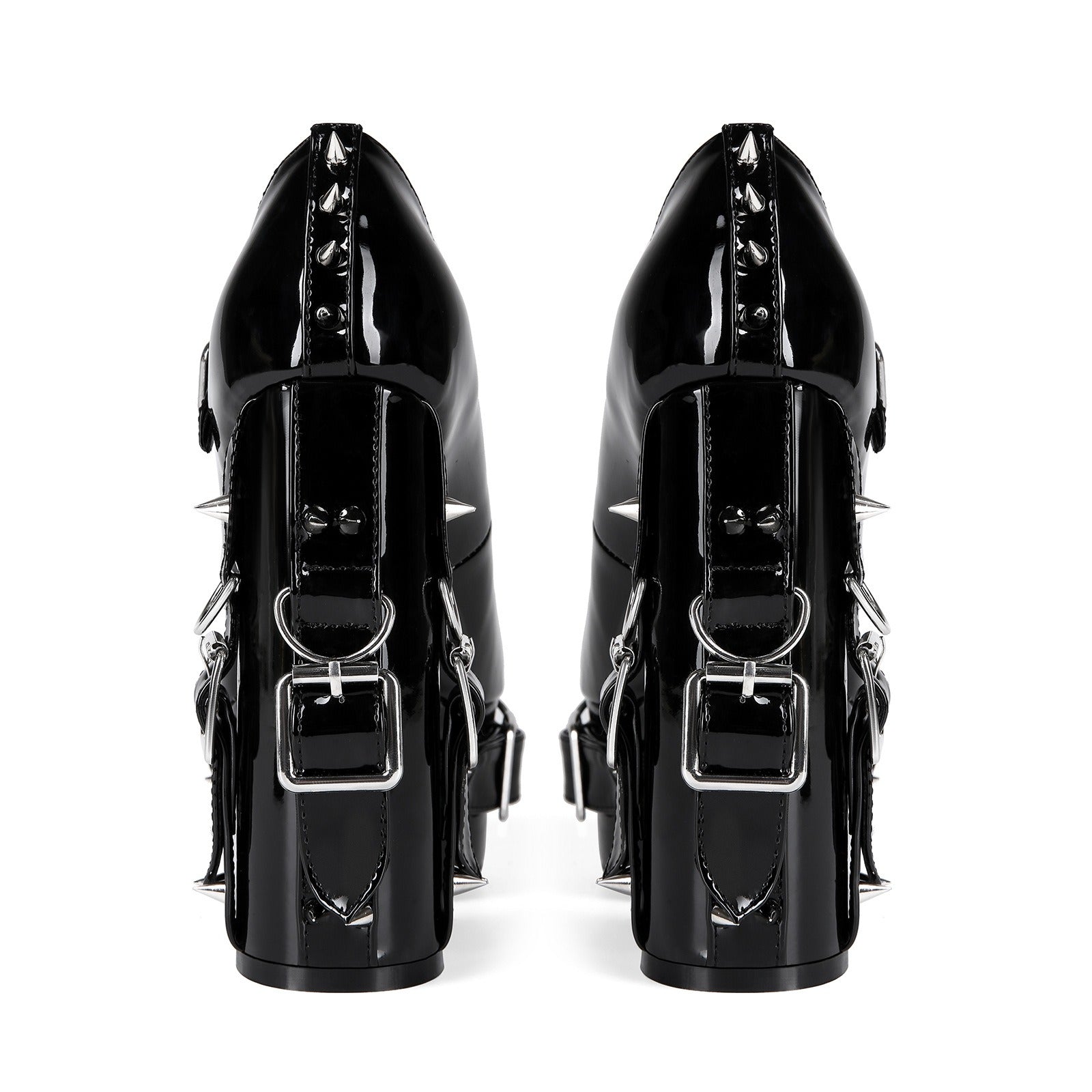 Women's Punk Platform Mary Jane Heels - Extreme High Chunky Block Heel Pumps with Spikes Buckle, Gothic Y2K Patent Leather Grunge Shoes - Styeenigma